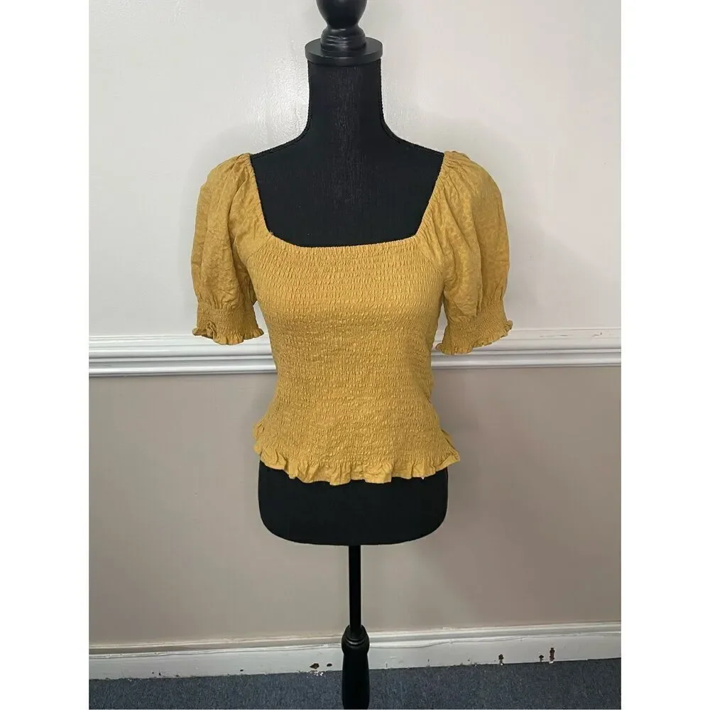 Madewell Mustard Lucie Puff-Sleeve Smocked Bodice Top Size X-Small
